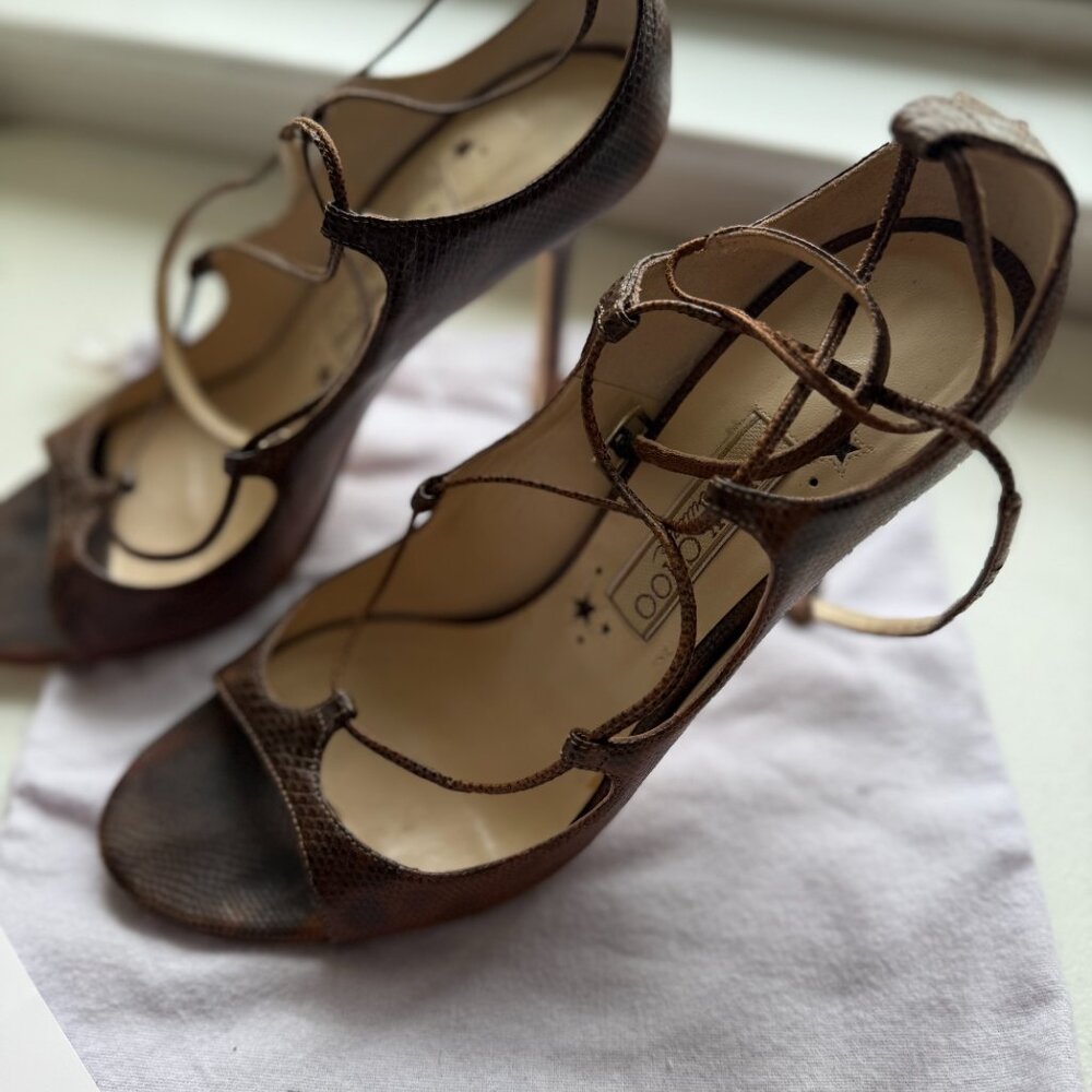 🤎✨ Jimmy Choo Tobacco Karung Skin Lace-Up Heels Size 40 (US 9–9.5) 🤎✨ - Picture 12 of 16